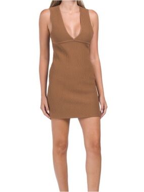 House of Harlow Ribbed Mini Dress L Brown Deep V Quiet Luxury Bodycon L